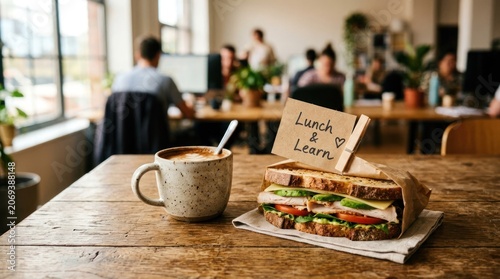 Office Lunch and Learn Session with Coffee and Sandwich.