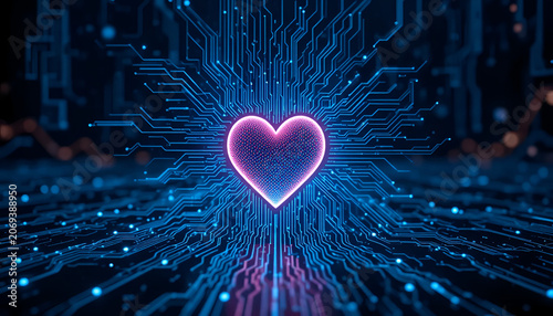 Heart shape emits brilliant blue energy ripples across an intricate digital printed circuit board grid.