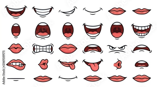 Collection of expressive cartoon mouths and lips in various emotions isolated on white background