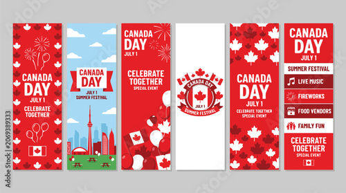 Canada Day vertical banner set for July 1 summer festival, Canadian national holiday celebration posters with maple leaf and fireworks, red and white vector templates