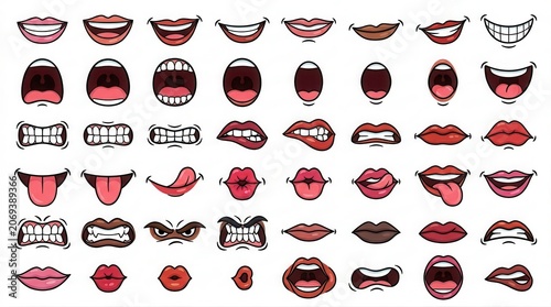 Collection of expressive cartoon lips and mouth icons in various styles isolated on white background