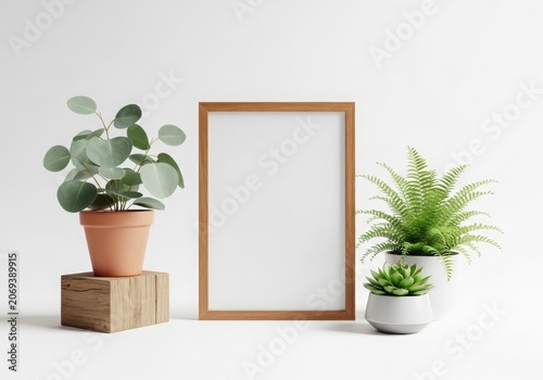 A wooden frame mockup with two potted plants on either side