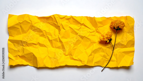 Yellow crumpled paper banner with dried flowers, empty space for text, natural texture background