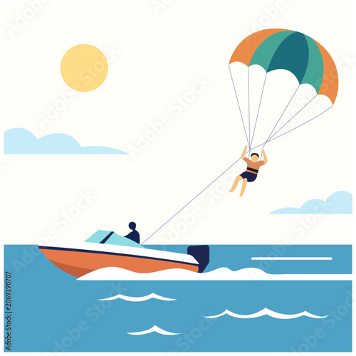 Ocean Parasailing and Speedboat Water Sport Vector Illustration, Summer Holiday Adventure, Beach Tourism Recreation, Marine Leisure Activity, Flat Style Coastal Travel Design