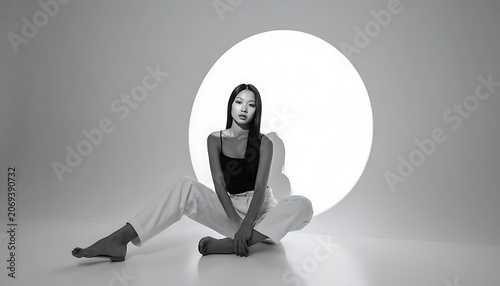 Young asian woman sitting in a bright studio with a large white circle behind her, elegant pose, fashion photography concept