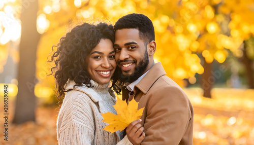 Young black couple embracing in a park during autumn holding a maple leaf, warm sunlight filtering through golden foliage