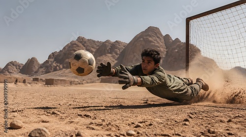 Young Goalkeeper Dives for Soccer Ball in Harsh Desert Environment