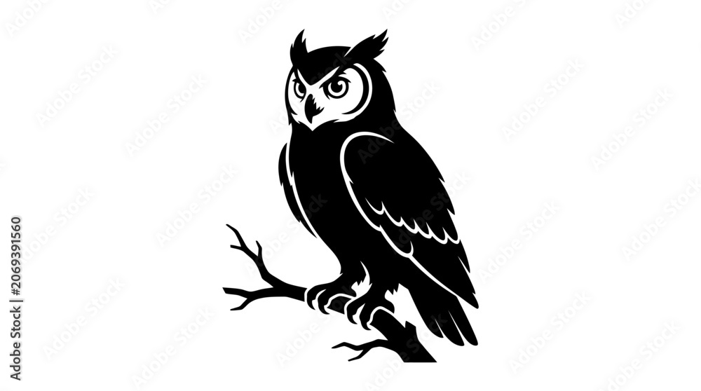 Obraz premium Silhouette of an owl perched on a branch, vector art