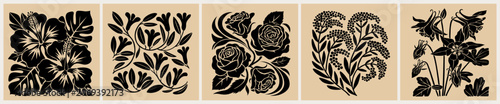Konstfotografi Five intricate floral patterns in bold black silhouette on warm beige background