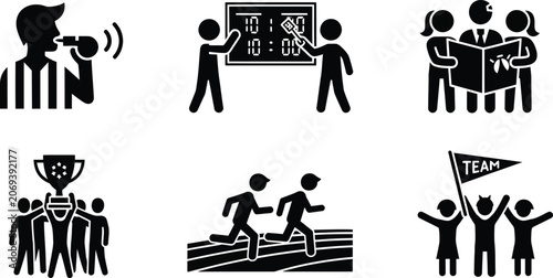 Set of sports and competition vector icons depicting teamwork coaching and victory concepts designed in a flat glyph style for athletic and strategic content