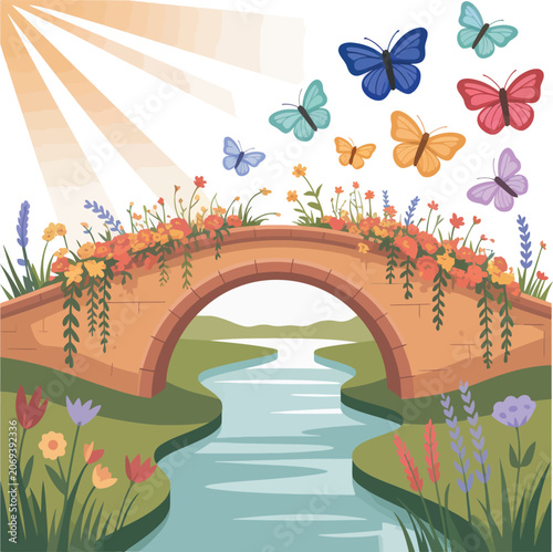 Colorful butterfly garden bridge, floral landscape, sunny scenery, vector illustration
