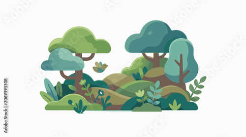 A colorful illustration of a serene landscape with trees bushes and a flying bird
