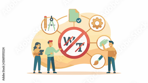 Illustration of people standing around a large sign with a red prohibition symbol
