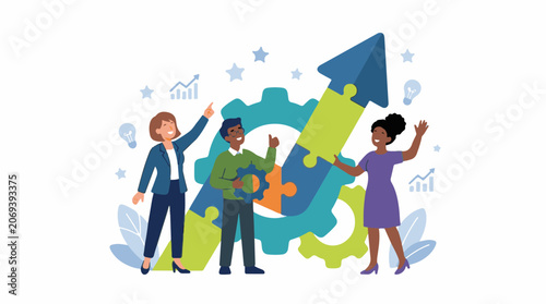 Illustration of diverse team working together assembling puzzle pieces