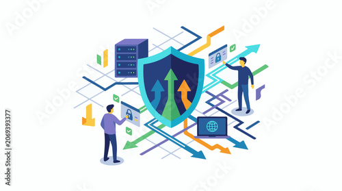 Illustration of two men interacting with digital security elements and shield
