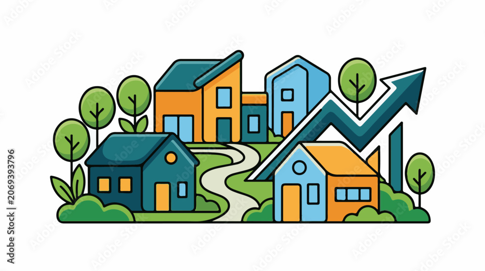 Fototapeta premium Colorful illustration of houses and trees with an upward arrow
