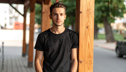 Young man in black t-shirt leaning against wooden post outdoors, natural light, shallow depth of field, relaxed pose