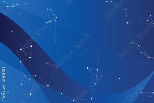 Photos Blue background, with white geometric, network nodes, interconnected, dots and l
