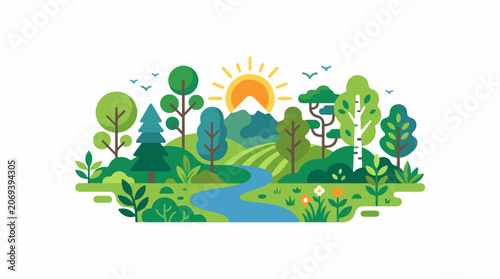 A serene landscape with a winding river trees and a vibrant sun