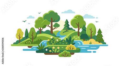 A serene landscape with trees flowers and a winding river
