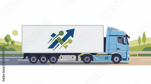 A blue semi-truck with a white trailer drives on a road