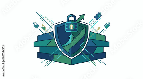 A shield with a lock and arrow on a stack of boxes with various colorful lines