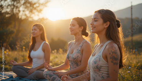 Women meditate peacefully while sitting in a serene field during the golden hour of the afternoon.