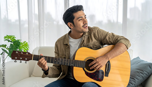 Young man playing acoustic guitar, singing joyfully, seated on a couch in a bright, modern living room, relaxed atmosphere