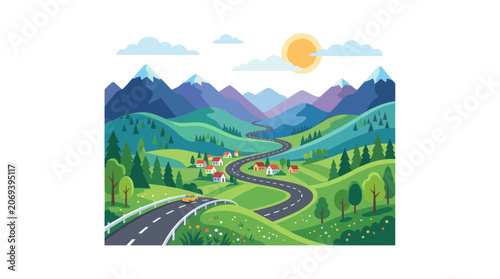 Quadro su tela Winding road through green hills and mountains with a small village
