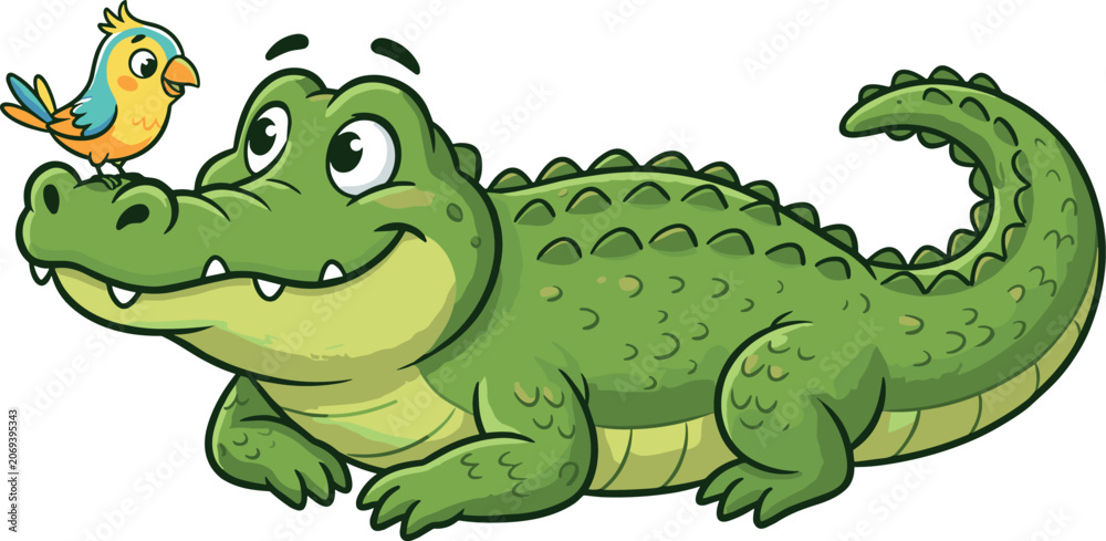Fototapeta premium Cute cartoon green alligator lying down looking at a small colorful bird sitting on its nose isolated vector illustration artwork