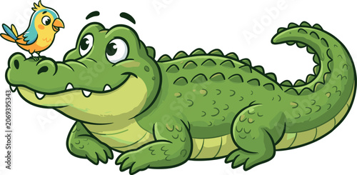 Konstfotografi Cute cartoon green alligator lying down looking at a small colorful bird sitting