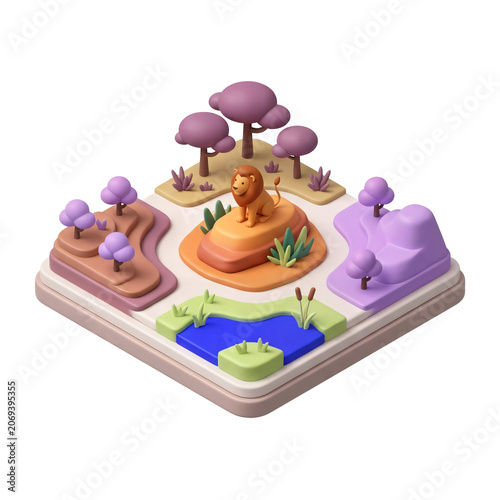 3D isometric lion savannah scene.