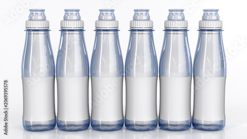 Schilderij op canvas A row of small bottles of drinking water with blank labels