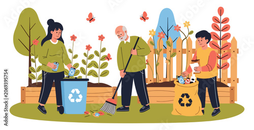 Family doing garden cleanup and recycling with reusable bin and trash bag in park environment.