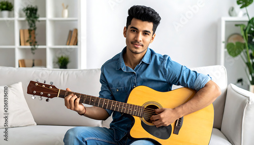 Young man playing acoustic guitar on sofa, lifestyle, home leisure, musical hobby, practicing song, learning chords, enjoying music