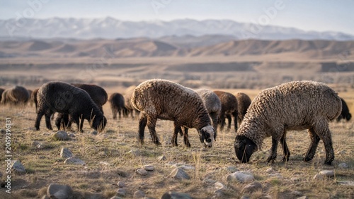 Karakul sheep with curly hair grazing on arid foothill grasslands in Central Asia.