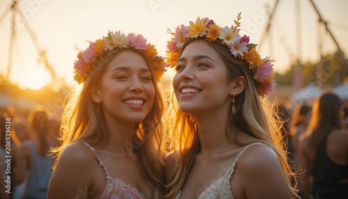 Young women wearing floral wreaths stand together in a crowd during a sunny outdoor festival event.