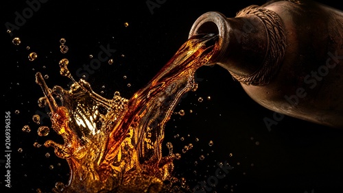 Dark amber liquid pouring from a flagon in a dynamic splash.