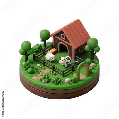 Farm scene with cows and barn.