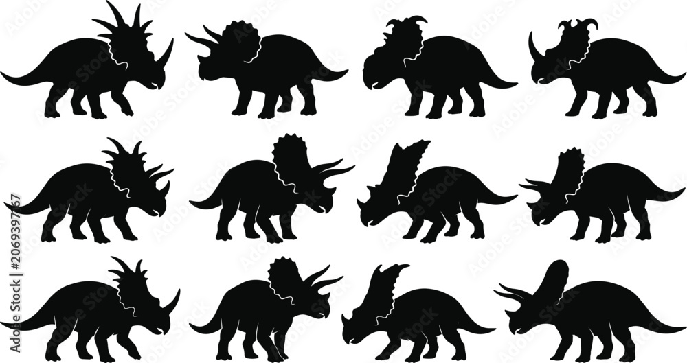 Obraz premium Triceratops Dinosaur Silhouette Collection Set with Multiple Prehistoric Horned Reptile Poses