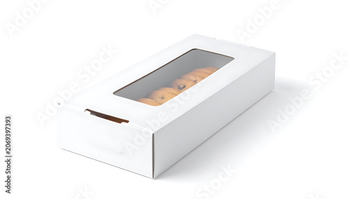Isolated white pastry box with clear window showing baked cookies, bakery packaging, treat container