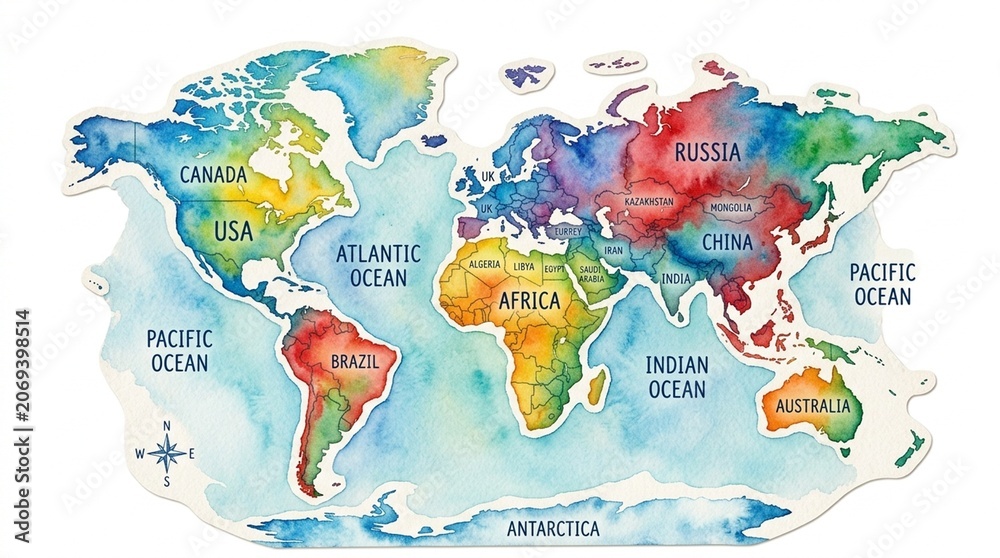 Naklejka premium Colorful watercolor world map cutout on white background