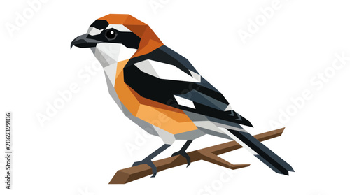 Bild auf Leinwand Geometric Shrike Bird Perched on Branch, Low Poly Style