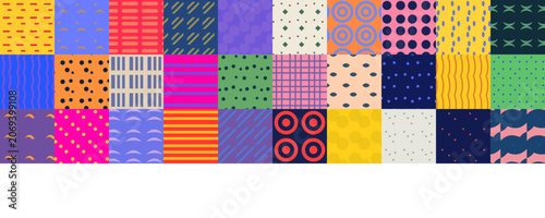 A vibrant collection of abstract geometric patterns arranged in a grid format