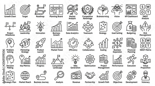 Business icons showcase various office and finance related objects and symbols.