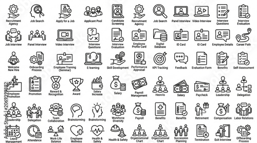 A collection of various icons and symbols arranged in rows on a white background for graphic design purposes.