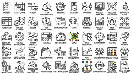 The infographic illustration depicts various business and technology icons arranged in rows.