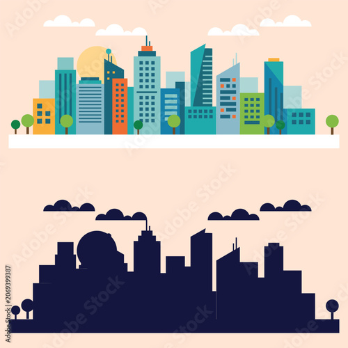Urban Cityscape Skyline Collection with Modern Skyscrapers, Downtown Buildings and Silhouette Landscape, Flat Vector Illustration for Architecture and Travel Design