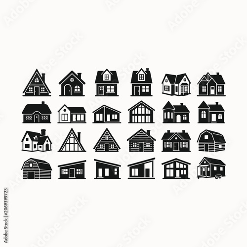 Collection of diverse black house icons representing different architectural styles and building typ