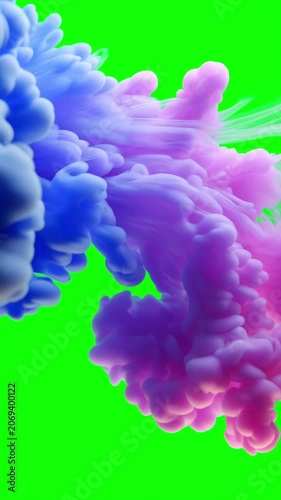 Pastel pink and blue smoke clouds drifting on an empty green screen background, vertical video featuring soft colorful vapor effects for chroma key compositing